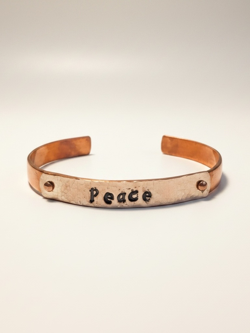 Handmade‎ stamped Peace sterling silver tag & copper adjustable cuff bracelet